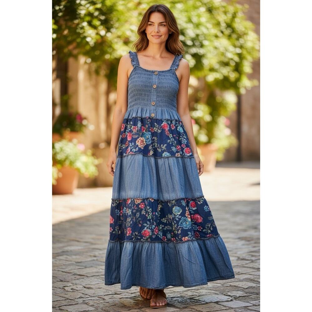 Lapis Anthropologie Women Sz S Western Cowgirl Chambray Denim Maxi Dress Smocked